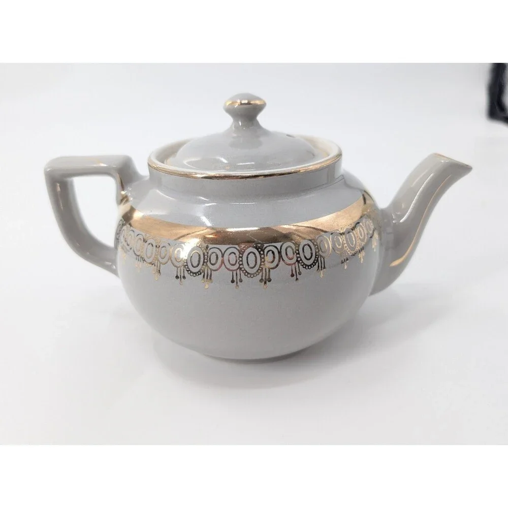 Hall Vintage Gray Metallic Gold Tea Pot 6 Cups Made in USA Art Deco Style